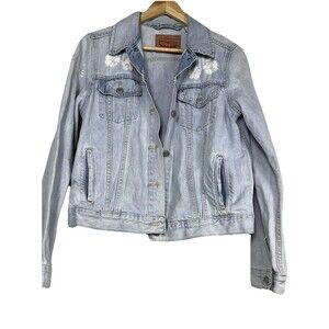 Levi’s Women’s L cotton denim jacket white embroidered flowers Light Wash Blue